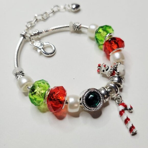 NWT Pandora Style Charm Bracelet Christmas Candy Cane Charm Snowman Red Green - Picture 7 of 7